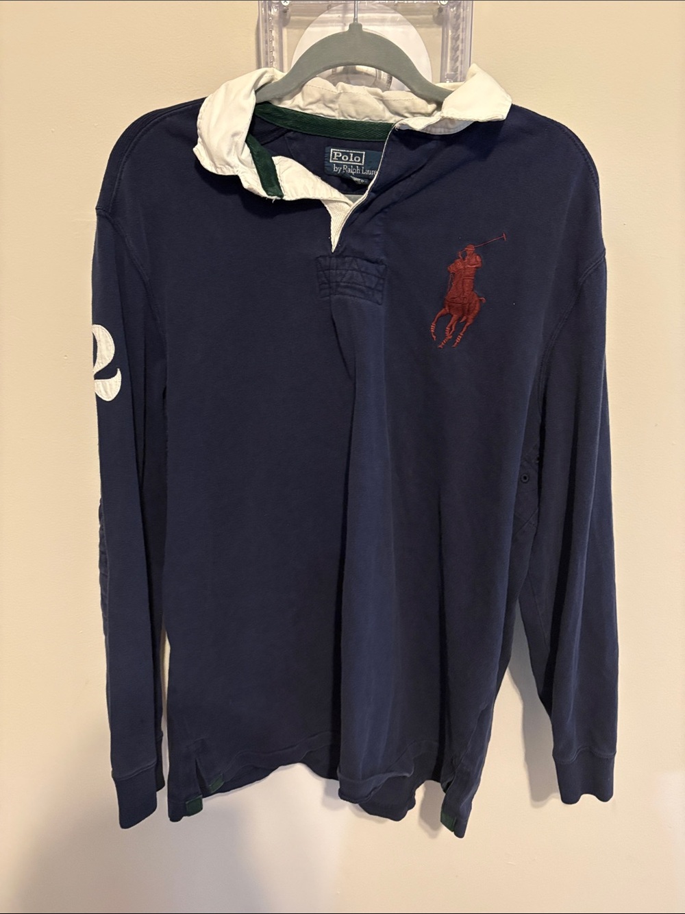 Vintage Polo By Ralph Lauren Rugby Shirt Large Navy #2 Patch White Collar